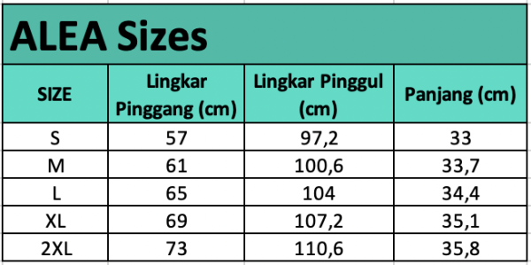 Size chart Alea — Celana Pendek Olahraga 2-in-1