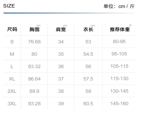 Size chart Anna — Kaos Yoga Potongan Arc