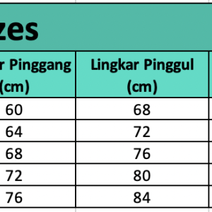 Size chart Cory — Skort Olahraga 2-in-1