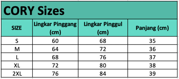 Size chart Cory — Skort Olahraga 2-in-1