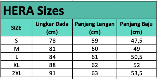 Size chart Hera — Jaket Zip Slim
