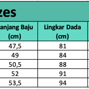 Size chart Iris — Kaos Olahraga Zip