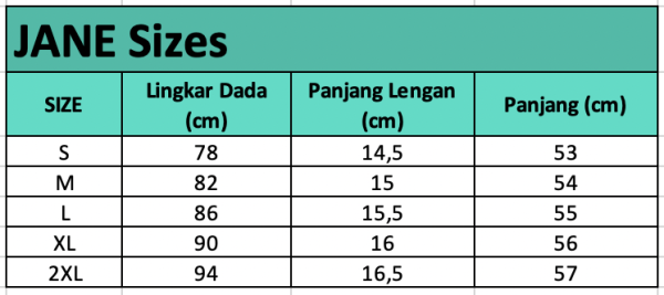 Size chart Jane — Kaos Olahraga V-Neck Heart