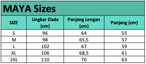 Size chart Maya — Kaos Lengan Panjang Breathable