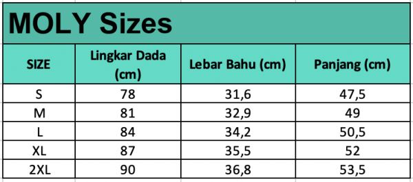 Size chart Moly — Vest Zipper Olahraga