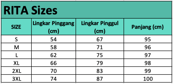 Size chart Rita — Celana Flare High-Waist