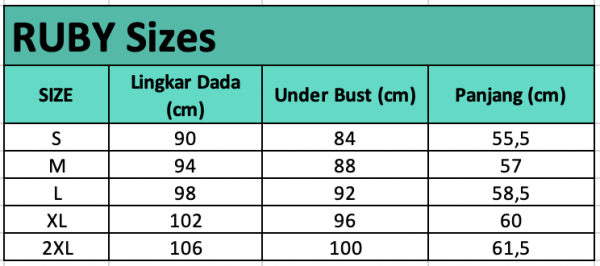 Size chart Ruby — Kaos Olahraga Punggung Mesh