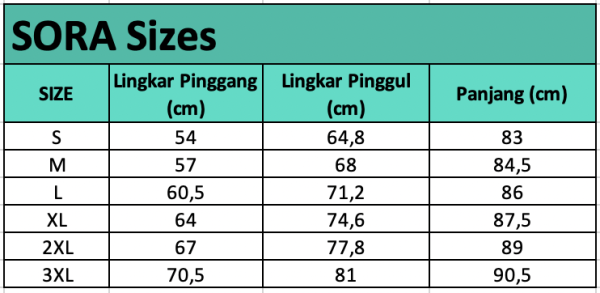 Size chart Sora — Legging Saku