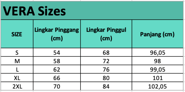 Size chart Vera — Celana Flare Garis Samping